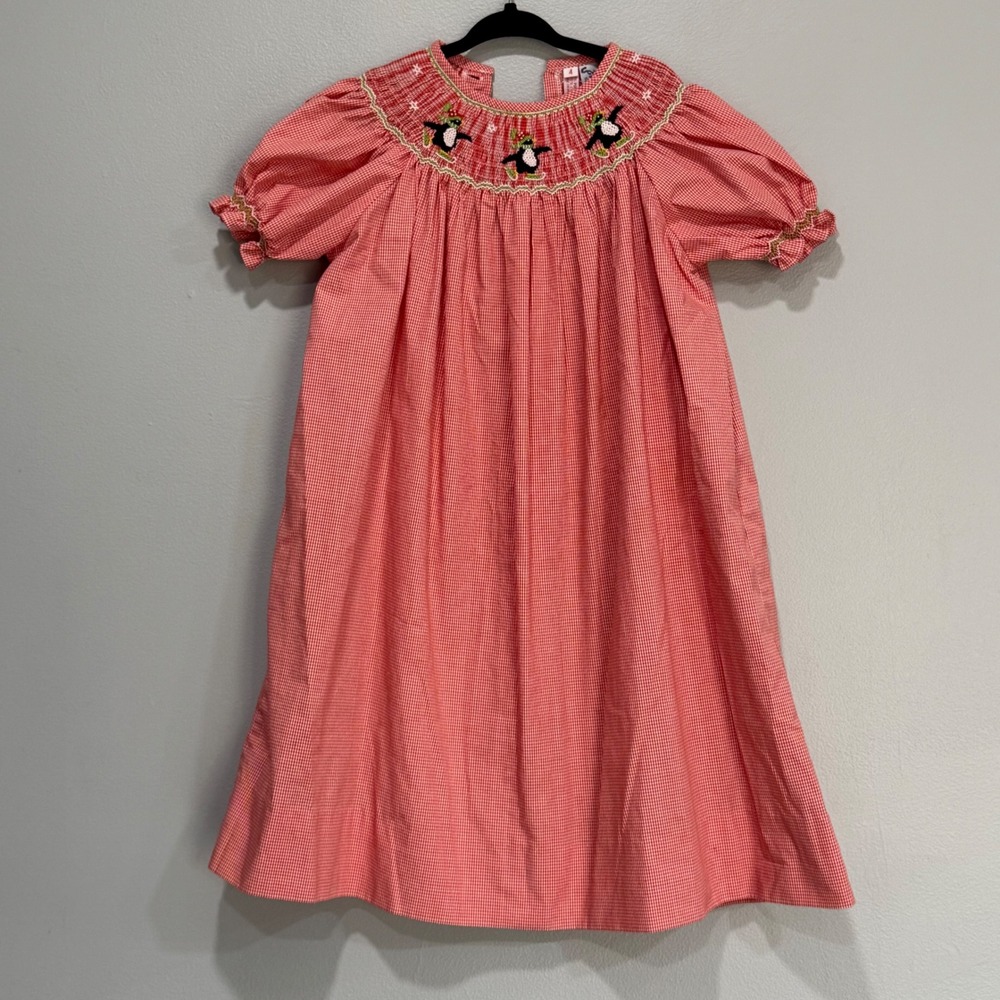 Orient Expressed Girls Red Gingham Smocked Penguin Bishop Dress Size 4 Holiday